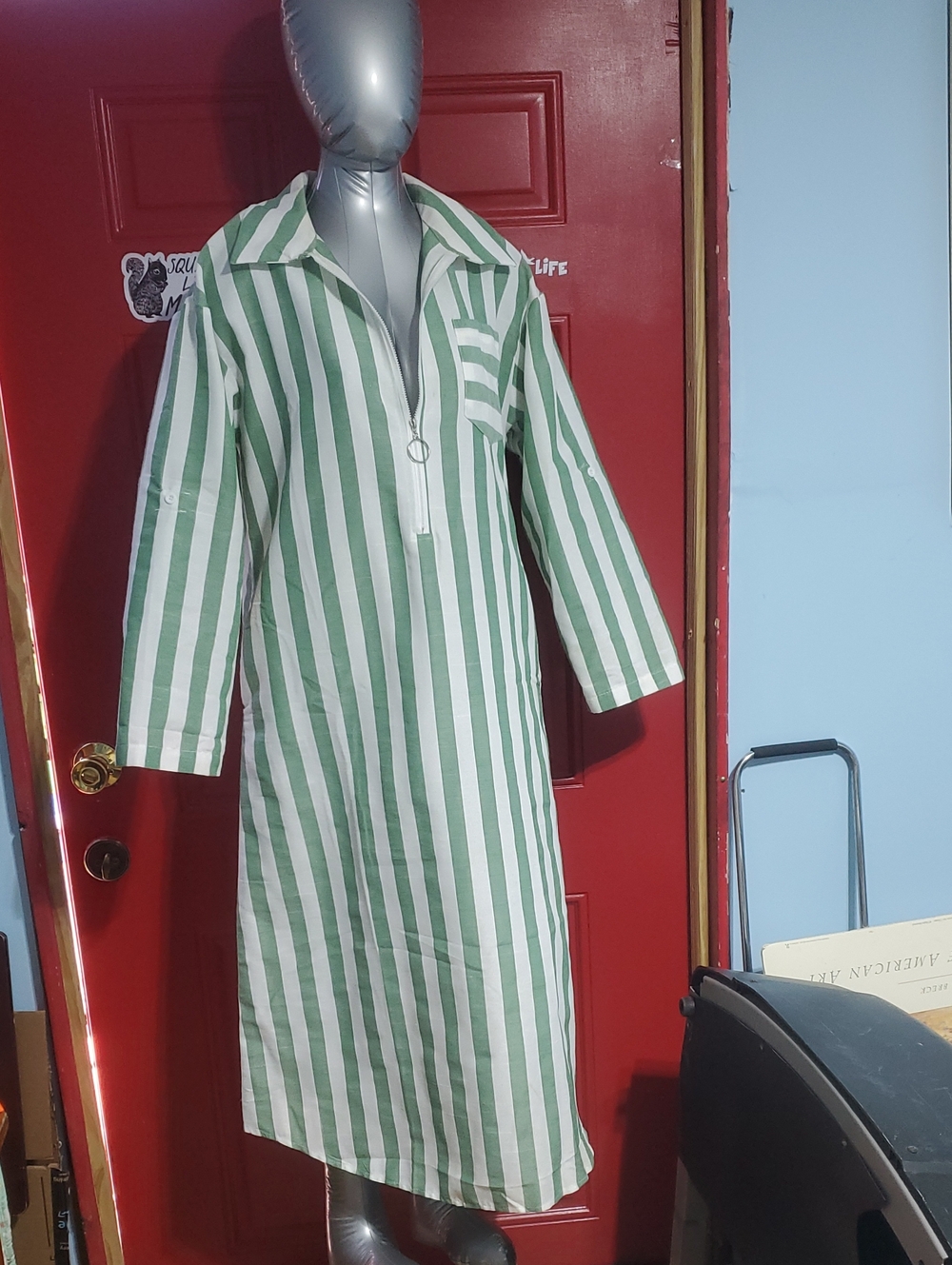Green and White Vertical Stripe Shirt Dress